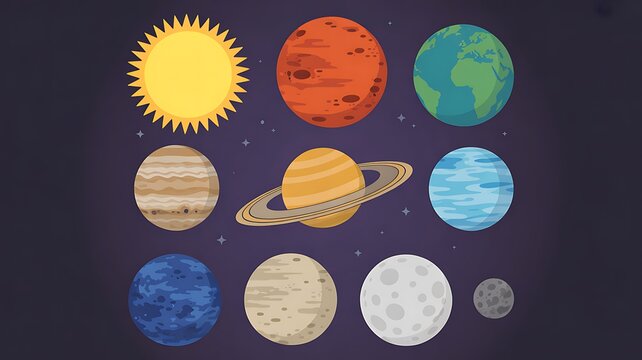 A digital illustration depicts the solar system with planets and sun in space