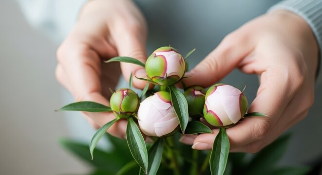 Delicate peony buds held gently in hands, showcasing the beauty of nature's early bloom