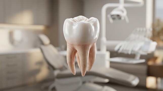 Ultra realistic 3D render of a human tooth floating in mid air highly detailed anatomical structure with realistic enamel texture subtle glossy surface finish photorealistic CGI premium dental medical