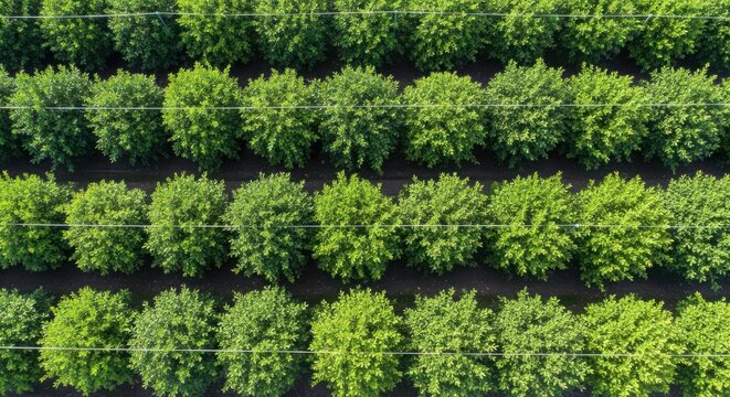 Drone aerial view of perfectly aligned rows of lush green plants in a vibrant garden landscape