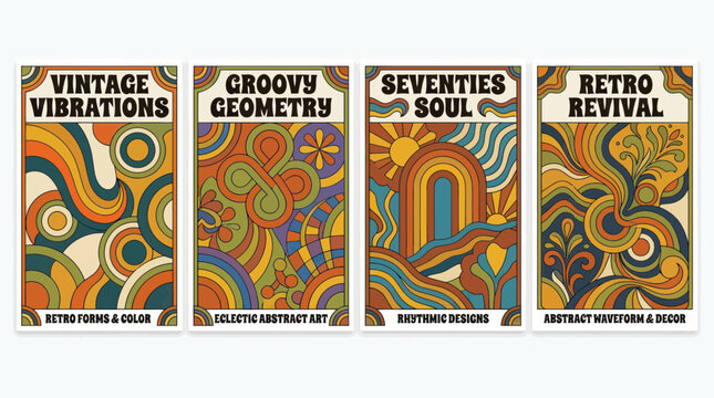 Retro seventies psychedelic abstract poster collection with groovy shapes