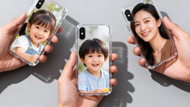 Hands holding phone cases with family photos
