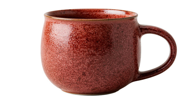 Ceramic red mug with hot beverage on transparent background