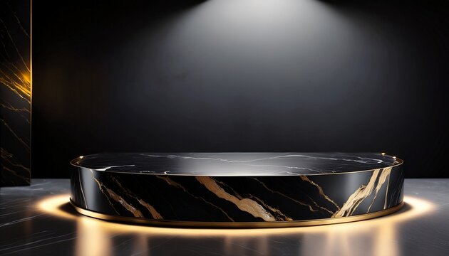 Illuminated Black Marble Display Platform With Golden Accents And Subtle Lighting