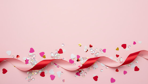 Aerial perspective of romantic Valentine celebration decor featuring elegant crimson silk ribbon curly swirl shimmering gold sequin and heart confetti on a minimal pastel pink backdrop space