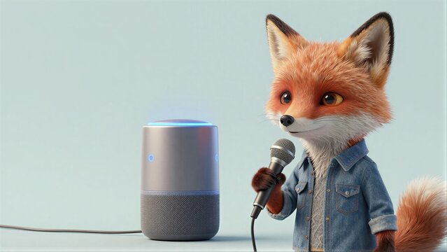 A fox in a denim jacket holds a microphone near a smart speaker.