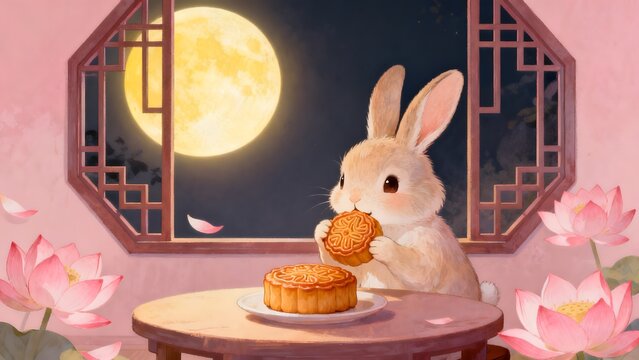 Rabbit eating mooncake by window