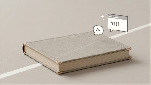 Book symbolizes knowledge with HTML tags hinting at digital learning