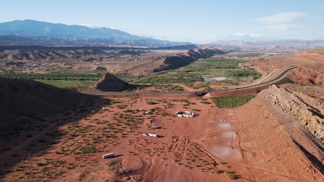 Aerial Drone Shot of Offroad Trails and Campers in Utah Desert Landscape