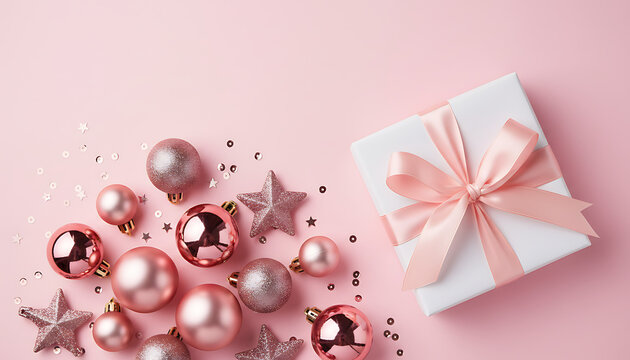 Top view of elegant pink Christmas ornaments featuring shiny stars sequins and a white gift box adorned with a satin ribbon bow on a minimalist pastel backdrop with copy space for holiday design.