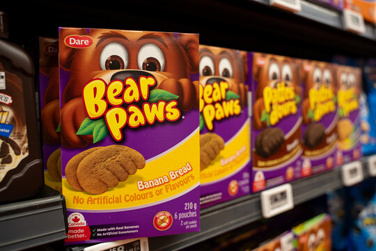 Close up of Dare Bear Paws Banana Bread cookies display on grocery store shelf. Toronto, Canada - June 9, 2026.