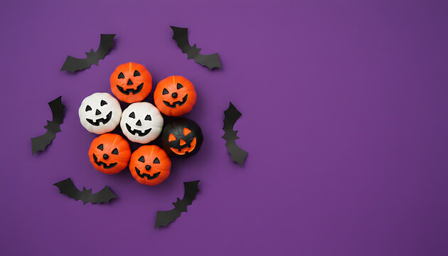Minimalist Halloween composition featuring tiny orange pumpkins and black bat silhouettes scattered on a vibrant violet surface with ample copy space for holiday greetings or creative text
