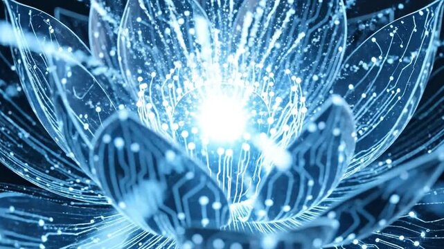 Digital blue lotus flower with glowing circuit patterns and light particles on a dark background