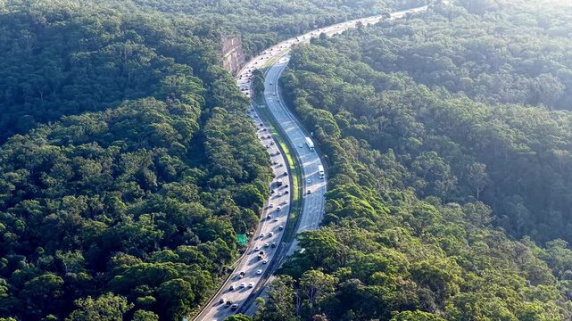 Lanes on M1 motorway Sydney Newcastle with heavy holiday traffic congestion aerial view.