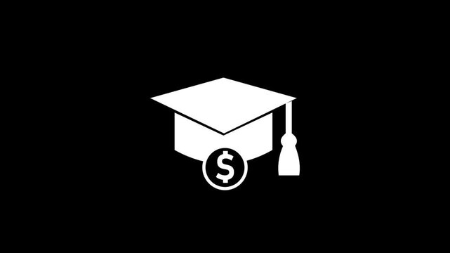 A stark white silhouette of a graduation cap with a tassel and a dollar sign coin against a deep black background symbolizing educational costs and student debt
