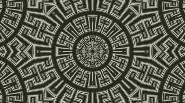 Abstract kaleidoscope geometric pattern forms concentric circles. Gray lines create a mesmerizing, symmetrical design.