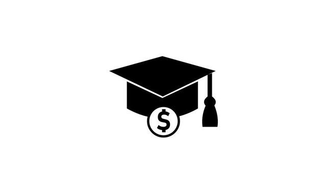 A solid black of a graduation cap with a tassel and a dollar sign coin situated on a clean white background representing the financial implications of higher education