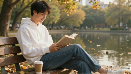 Obraz premium Young man reads book on park bench beside autumn lake with coffee cup.