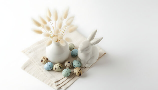 Minimalist top view of Easter holiday decorations featuring white ceramic rabbit dried lagurus flowers in a minimalist vase natural quail eggs and linen cloth on a white isolated background.