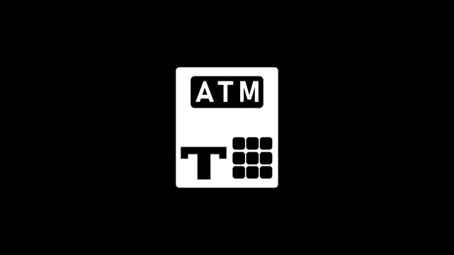 Simple white of an ATM machine with the letters ATM displayed on its screen and a keypad on a solid black background representing automated teller machines and financial transactions