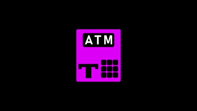 Vivid magenta of an ATM machine with the letters ATM on its screen and a keypad on a dark black background representing automated banking and financial services access