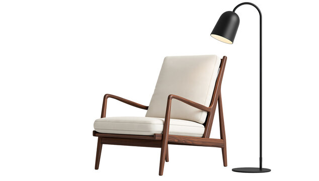 Mid-century wooden armchair with floor lamp, isolated on transparent