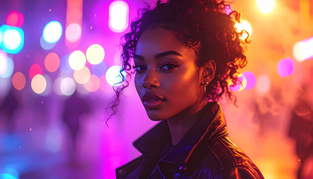 Young woman with curly hair lit by neon lights