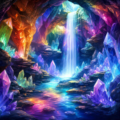 Fototapeta premium A breathtakingly beautiful cave filled with glowing crystals and a cascading waterfall.