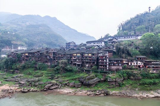 Ancient Zunyi Town - Traditional Chinese Architecture in Mountain River Landscape