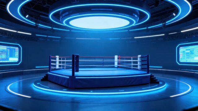Futuristic boxing ring with neon lights