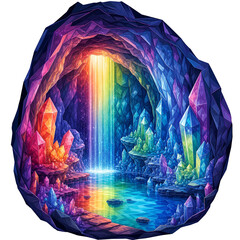 Fototapeta premium A vibrant, otherworldly cave filled with glowing crystals and a rainbow waterfall cascading into a shimmering pool.