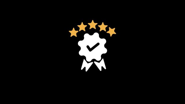 White and Yellow Five Star Rating Badge with a Check Mark on a Black Background Representing and Approval
