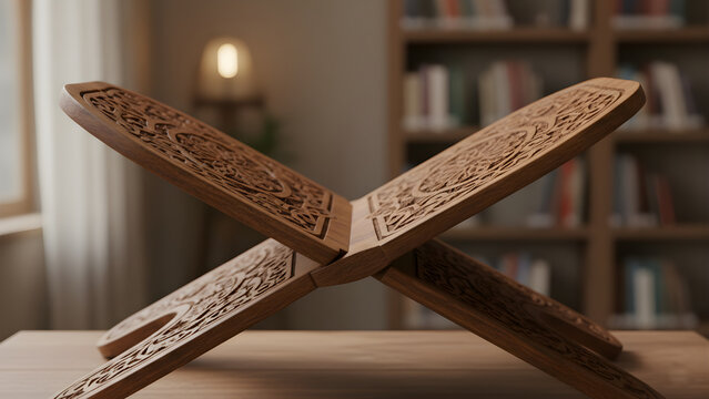 Intricately carved wooden book stand indoors.