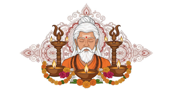 Illustration of an ancient Indian sage with a long white beard, meditating between two ornate oil lamps and floral garlands against a decorative mandala backdrop