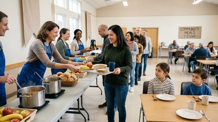 Obraz premium Community Meal Service for Displaced Families in Temporary Support Hall
