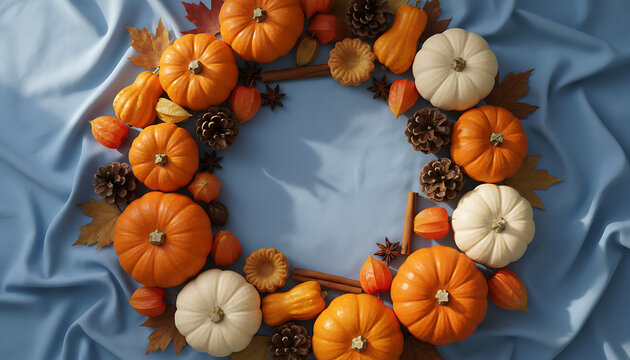Festive Thanksgiving harvest arrangement with pumpkins, squash, autumn foliage, anise, cinnamon, and pine cones on soft blue background featuring a round blank frame for seasonal message text.