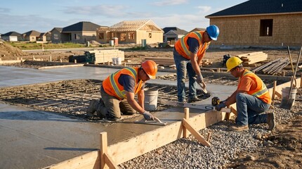 Concrete Crew Finishing Foundation Slab At New Home Development
