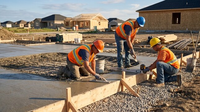 Concrete Crew Finishing Foundation Slab At New Home Development