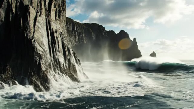 Dramatic ocean waves crashing against towering sea cliffs and rock formations under a cloudy sky