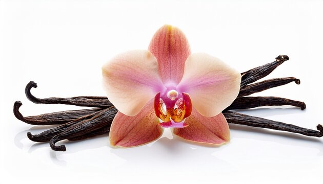 Vanilla Pods And Orchid Flower Isolated On White Background