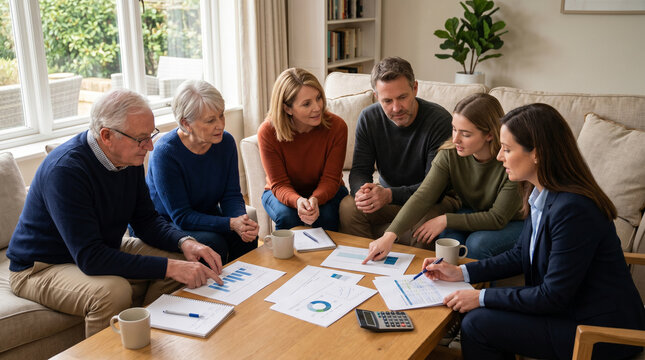Multi Generational Family Planning Session With Financial Advisor At Home