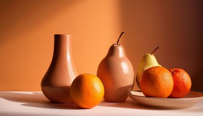 Minimal Still Life Composition With Oranges Pears And Modern Ceramic Vases In Warm Orange Tones Artistic Contemporary Decor Scene Featuring Fresh Fruit And Elegant Design Ideal For Lifestyle © Sophie