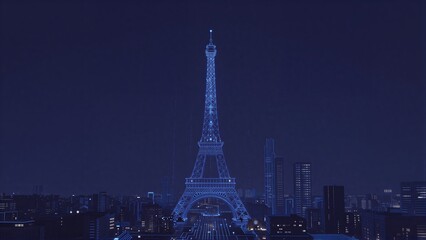 Obraz premium Blue-lit Eiffel Tower with arrow top city skyline at night.
