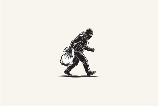Masked burglar carrying a stolen bag while walking away. Crime, theft, robbery, security risk and criminal activity concept isolated on background. Vector illustration.