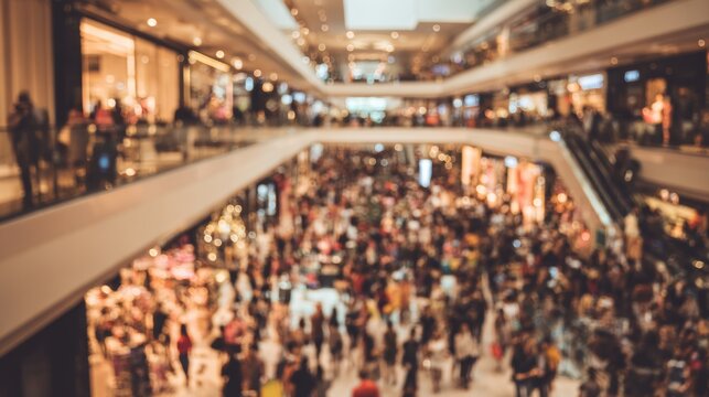 Abstract blurred photo of many people shopping inside department store or modern  shopping mall. Urban lifestyle and black Friday shopping, motion, speed, blurred, group, city, modern
