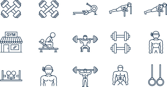 Fitness and Gym Line Icon Set featuring Weightlifting Bodybuilding Workouts Dumbbells Gymnastic Rings and Athletic Training Symbols for Exercise AppsFitness and Gym Line Icon Set featuring Weightlifti