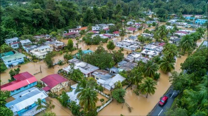Obraz premium Flood flooding residential neighborhood aerial view inundation disaster muddy floodwater houses submerged community damage with roads trees and homes affected by severe weather event