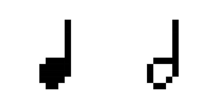 Pixel music note icons set, 8-bit musical symbols, retro blocky audio and melody UI icons