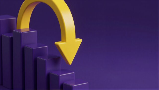 Yellow arrow points downward over purple bars symbolizing decline or