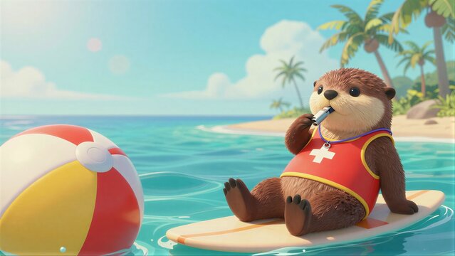 Adorable otter in red life vest sits on surfboard near beach ball.